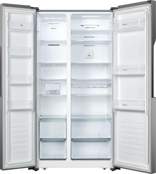 Холодильник SBS Gorenje, 179х64х91см, 2 двері, 334( 174)л, А+, NF+, поворотний льодогенер, Зовн. Диспл, сірий (NRS918FMX) NRS918FMX фото