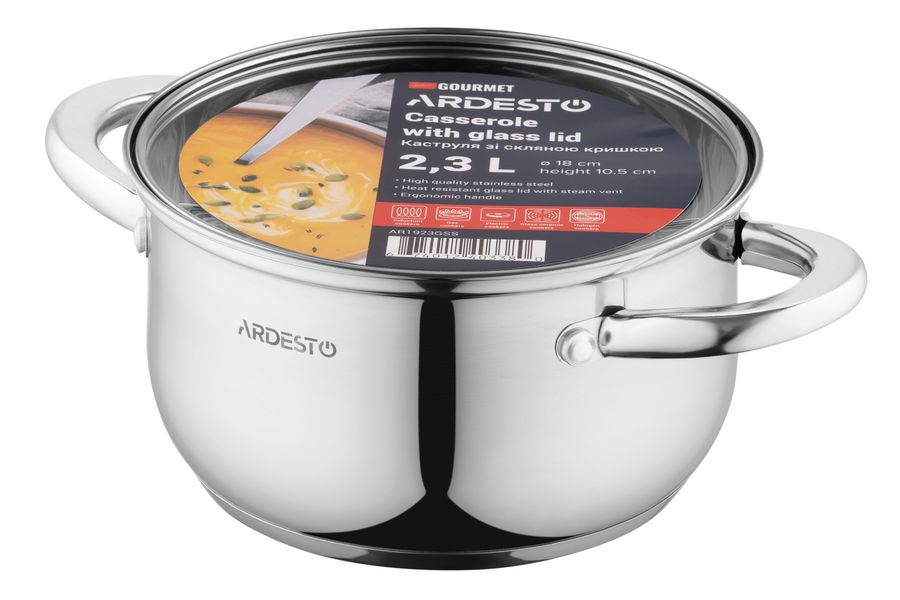 Кастрюля Ardesto Gemini Gourmet Spoleto, стеклянная крышка, 2.3 л, нержавеющая сталь (AR1923GSS) AR1923GSS фото