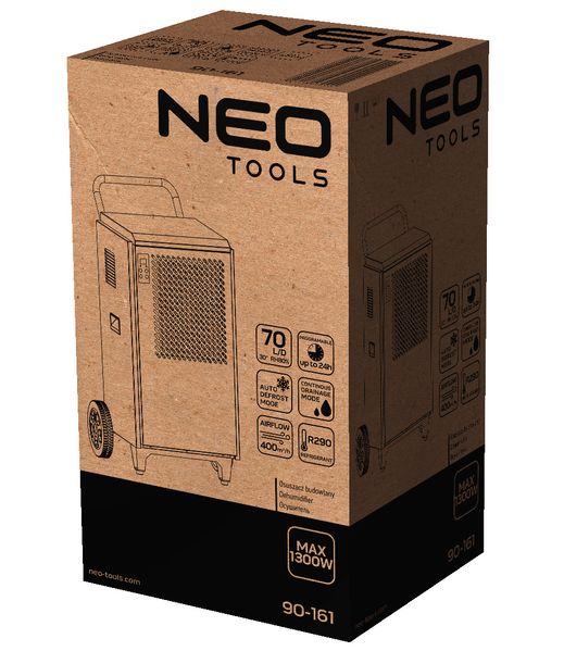 Осушувач повітря промисловий Neo Tools, 950Вт, 250м кв., 400м куб./г, 70л/добу, безперервний злив, LCD дисплей, прогр.часу роботи, IP22 90-161 фото
