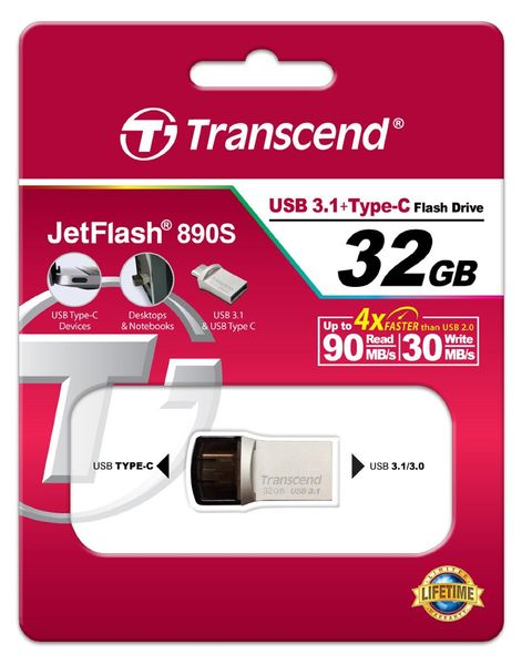 Накопичувач Transcend 32GB USB 3.1 Type-A + Type-C 890 R90/W30MB/s Metal Silver (TS32GJF890S) TS32GJF890S фото