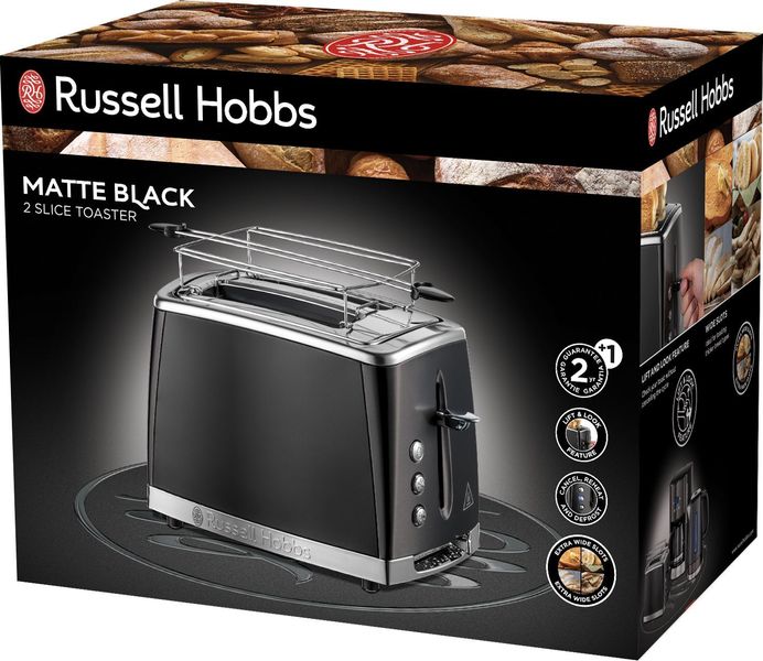 Тостер Russell Hobbs Matte Black 2 Slice, 1550Вт, нержавіюча сталь, підігрів, розморозка, чорний (26150-56) 26150-56 фото