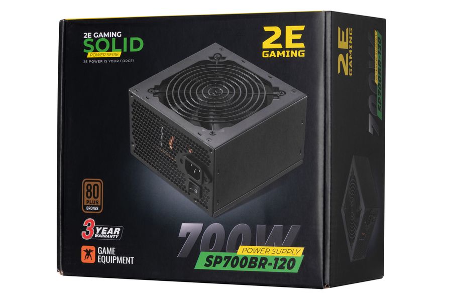 Блок живлення 2E Gaming Solid Power (700W), >85%, 80+ Bronze, 120mm, 1xMB 24pin(20+4), 1xCPU 8pin(4+4), 3xMolex, 6xSATA, 4xPCIe 8pin(6+2) (2E-SP700120) 2E-SP700BR-120 фото