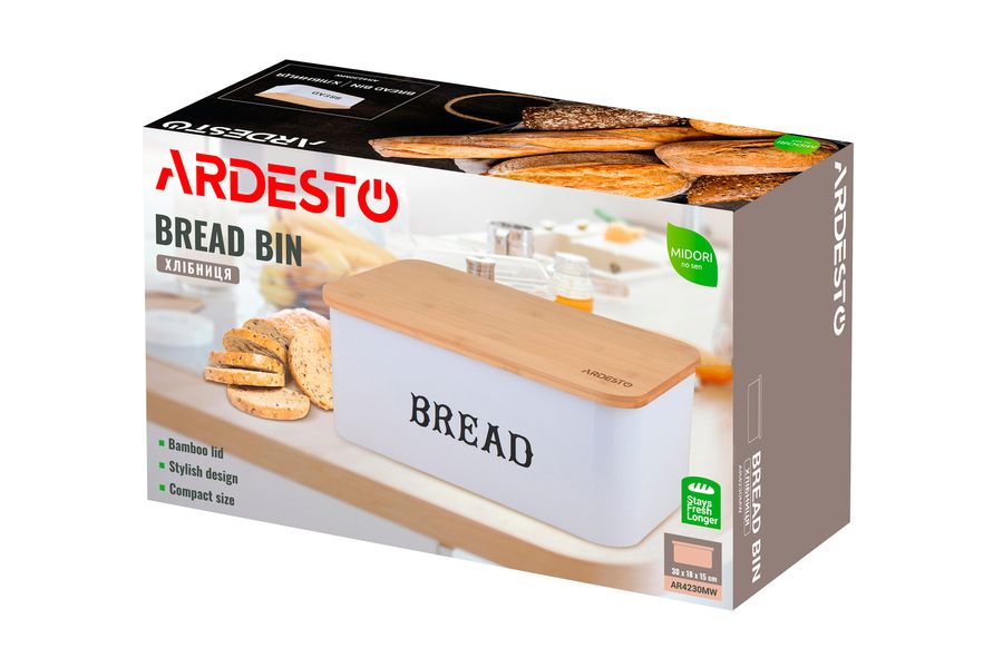 Хлібниця Ardesto Midori 30*18*15 см, метал/бамбук, біла (AR4230MW) AR4230MW фото