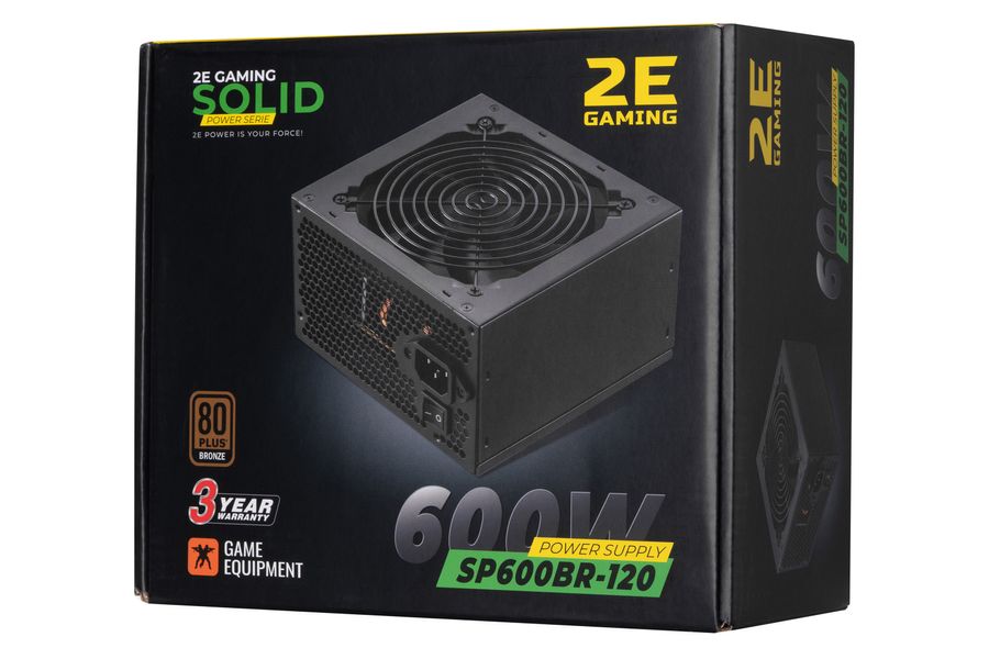 Блок живлення 2E Gaming Solid Power (600W), >85%, 80+ Bronze, 120mm, 1xMB 24pin(20+4), 1xCPU 8pin(4+4), 3xMolex, 6xSATA, 4xPCIe 8pin(6+2) (2E-SP600120) 2E-SP600BR-120 фото