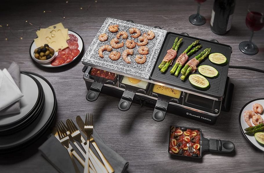 Гриль Russell Hobbs раклетниця Multi Raclette 3 in 1, 1400Вт, 8 сковорідок, нерж.сталь, чорний (26280-56) 26280-56 фото