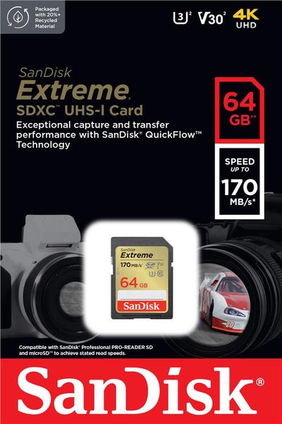 Карта пам'яті SanDisk SD 64GB C10 UHS-I U3 R170/W80MB/s Extreme V30 (SDSDXV2-064G-GNCIN) SDSDXV2-064G-GNCIN фото
