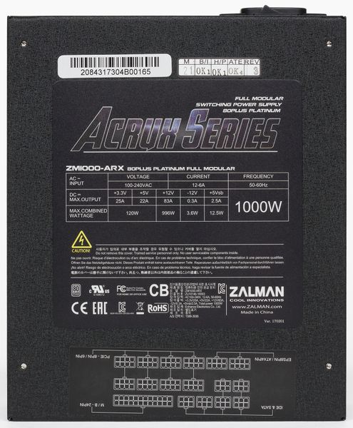 Блок живлення Zalman Acrux (1000W), 94%, 80+Platinum, 135mm, 1xMB 24pin(20+4), 2xCPU (8pin(4+4)+8pin), 8xMolex, 12xSATA, 6xPCIe 8pin(6+2), Fully Modular (ZM1000-ARX) ZM1000-ARX фото