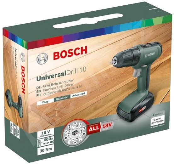 Шурупокрут-дриль Bosch UniversalDrill 18, 18В 1х1.5Аг, 30Нм, 400/1350об/хв, 1.19 кг (0.603.9C8.001) 0.603.9C8.001 фото