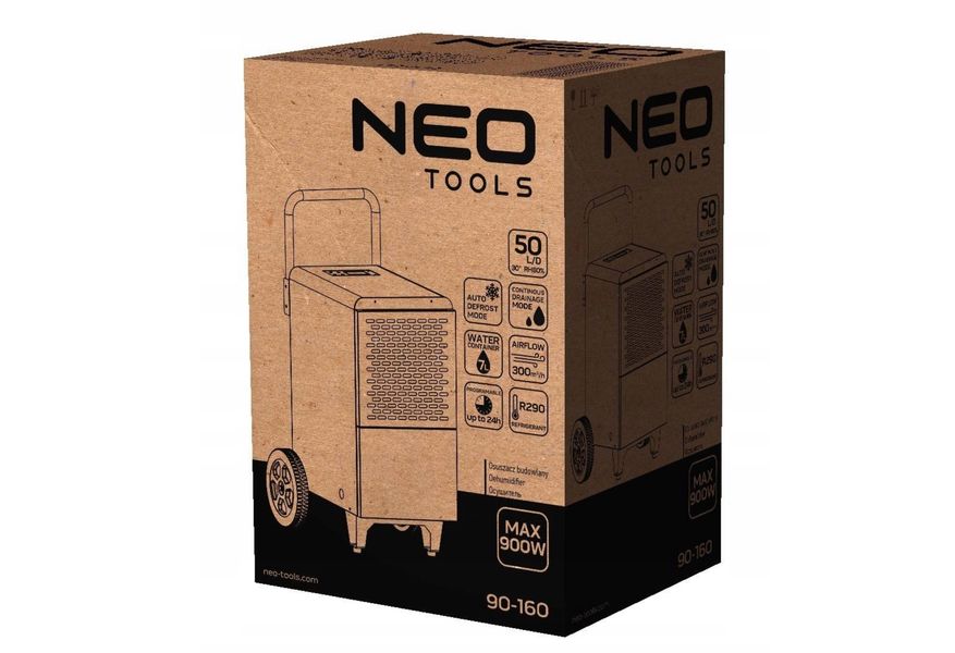 Осушувач повітря промисловий Neo Tools, 750Вт, 180м кв., 300м куб./год, 50л/добу, безперервний злив, LCD дисплей, прогр. (90-160) 90-160 фото