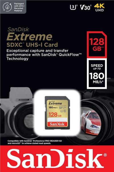 Карта пам'яті SanDisk SD 128GB C10 UHS-I U3 R180/W90MB/s Extreme V30 (SDSDXVA-128G-GNCIN) SDSDXVA-128G-GNCIN фото