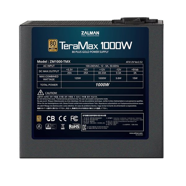 Блок живлення Zalman Teramax (1000W) >90%, 80+ Gold, 120mm, 1xMB 24pin(20+4)+10pin, 2xCPU 8pin(4+4), 3xMolex, 12xSATA, 6xPCIe 8pin(6+2), Fully Modular (ZM1000-TMX) ZM1000-TMX фото