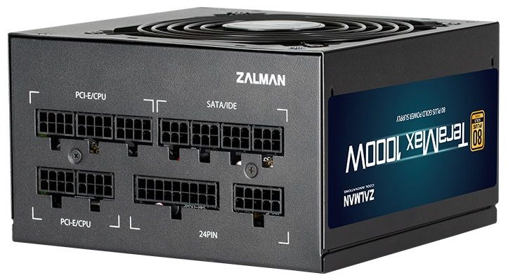 Блок питания Zalman Teramax (1000W) >90%, 80+ Gold, 120mm, 1xMB 24pin(20+4)+10pin, 2xCPU 8pin(4+4), 3xMolex, 12xSATA, 6xPCIe 8pin(6+2), Fully Modular (ZM1000-TMX) ZM1000-TMX фото