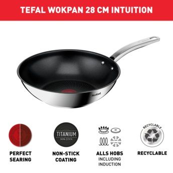 Сковорода Tefal Intuition ВОК, 28см, покриття Titanium, індукція, Thermo-Spot, нерж.сталь (B8171944) B8171944 фото