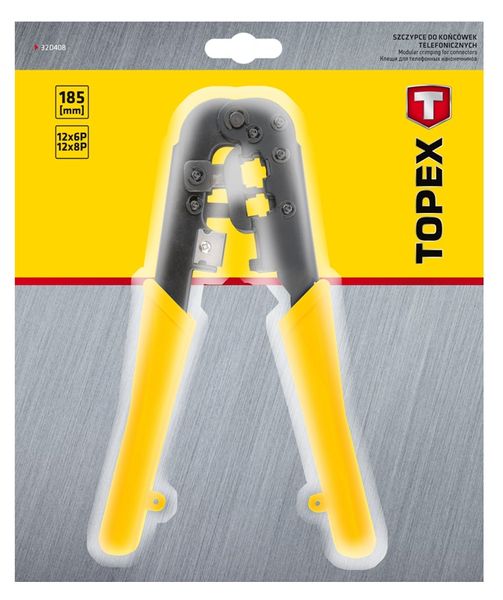 Кліщі обтискні TOPEX, для обтиску наконечників 6P, 8P, кусачки, в комплекті по 12 наконечників, 185мм 32D408 фото