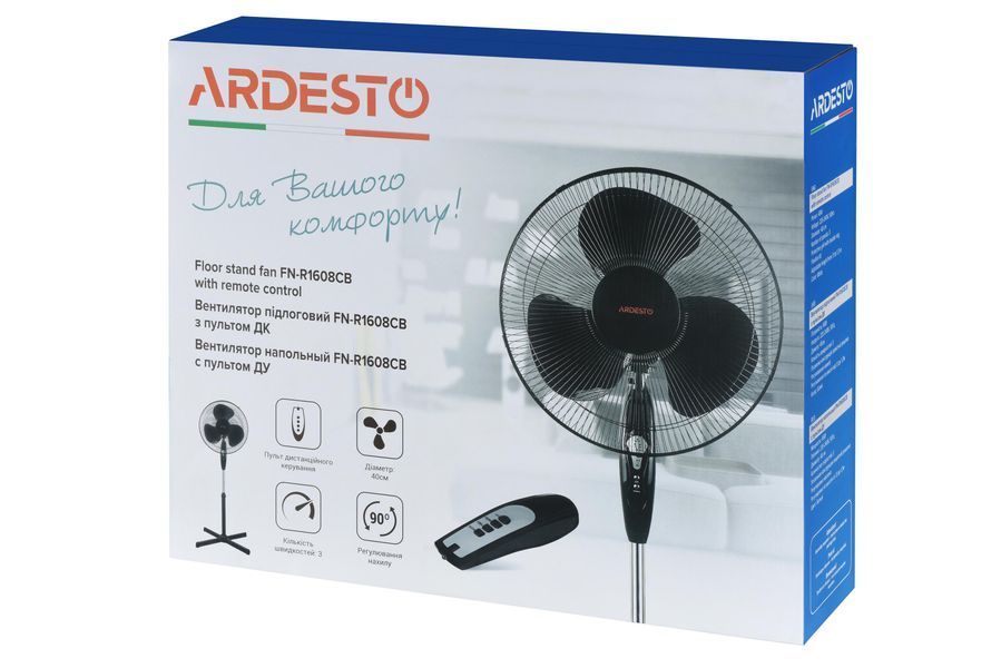 Вентилятор напольный Ardesto 40 см, опора крестовина, таймер, пульт ДУ, чёрный (FN-R1608CB) FN-R1608CB фото