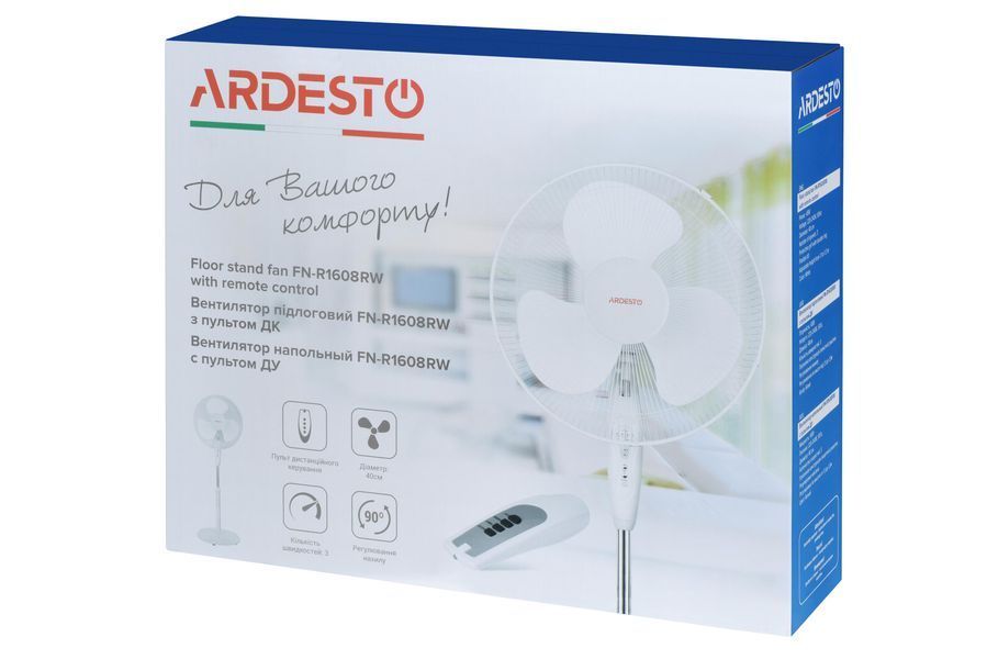 Вентилятор напольный Ardesto 40 см, опора круглая, таймер, пульт ДУ, белый (FN-R1608RW) FN-R1608RW фото
