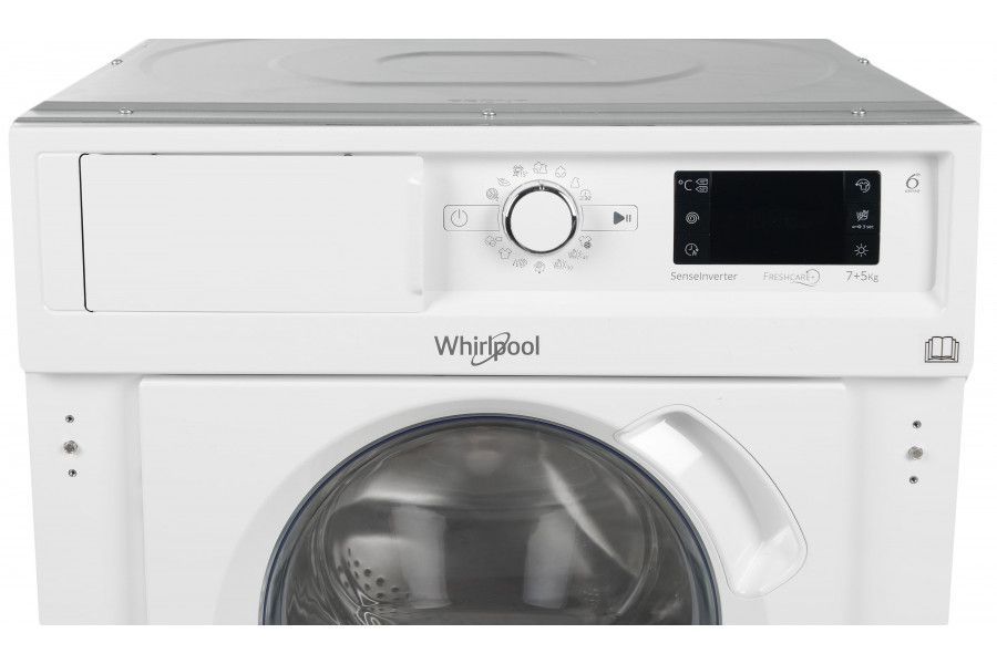 Прально-сушильна машина Whirlpool вбудовувана фронтальна, 7(5)кг, 1400, A+++, 60см, дисплей, пара, інвертор, білий BIWDWG75148 фото