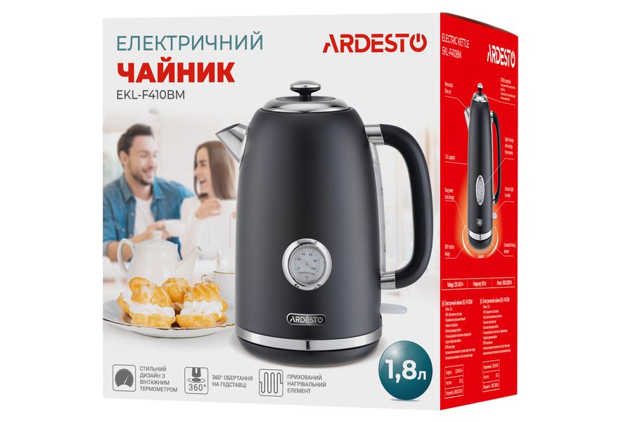 Електрочайник Ardesto EKL-F410BM 1.8л, 2200Вт, strix контроль, нерж. сталь, індикатор температури, чорний EKL-F410BM - Уцінка EKL-F410BM фото