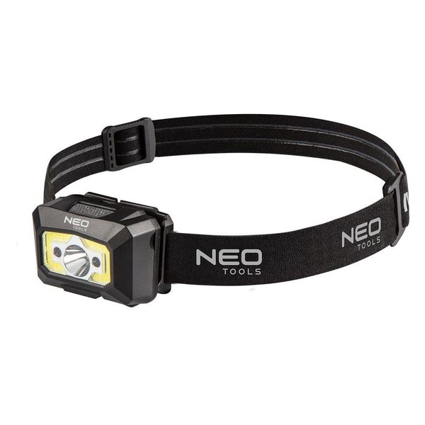 Ліхтар налобний акумуляторний Neo Tools, 1200мАг, 250лм, 3Вт, 5 функцій освітлення, червоне світло, датчик руху, індикатор заряду (99-073) 99-073 фото