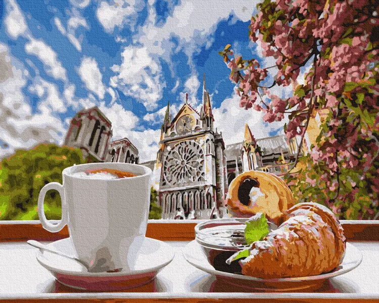 Картина по номерам. Brushme "Кофе с круассаном на фоне собора" (GX34639) GX34639 фото