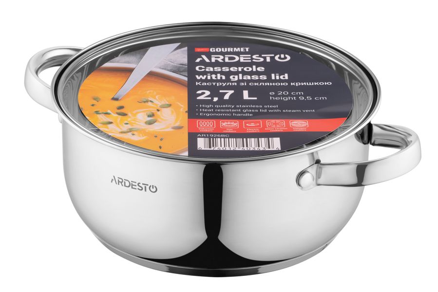 Каструля Ardesto Gemini Gourmet Aosta, скляна кришка, 2.7 л, нержавіюча сталь (AR1926BC) AR1926BC фото