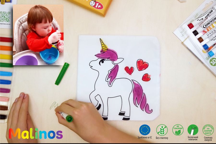 Фломастери дитячі які змиваються для малюків MALINOS Babyzauber 10 шт + текстильна книжка розмальовка багаторазова MA-300015 фото
