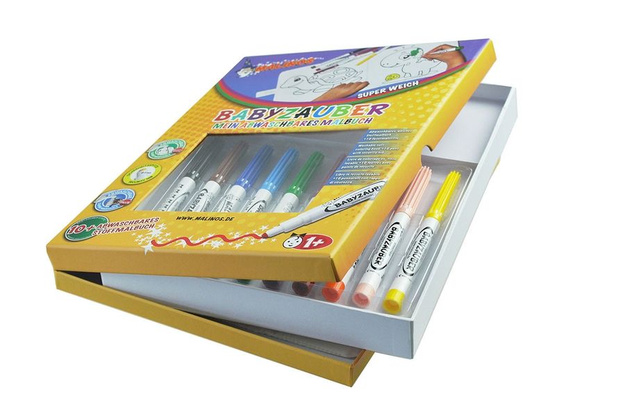 Фломастеры детские смываемые для малышей MALINOS Babyzauber 10 шт + текстильная книжка раскраска многоразовая (MA-300015) MA-300015 фото