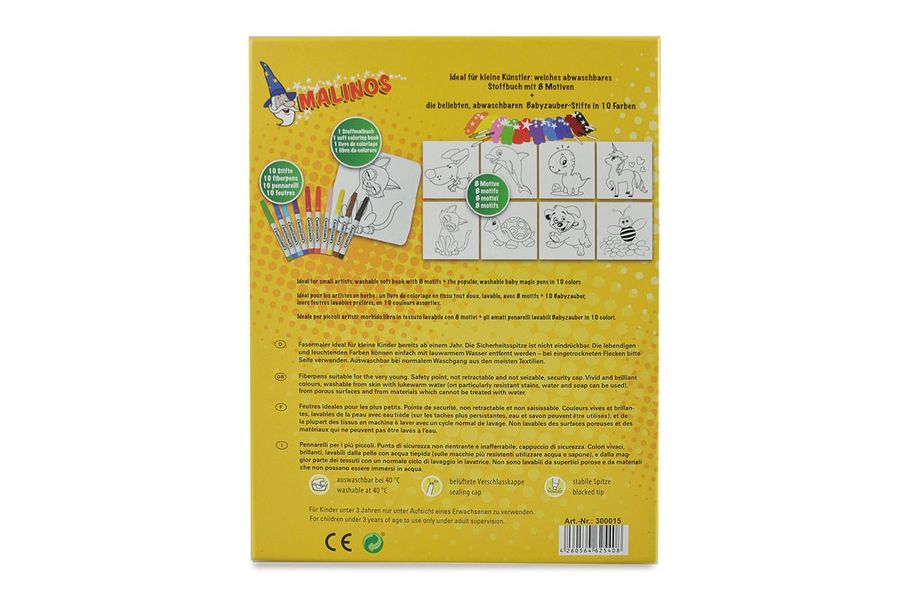 Фломастеры детские смываемые для малышей MALINOS Babyzauber 10 шт + текстильная книжка раскраска многоразовая (MA-300015) MA-300015 фото