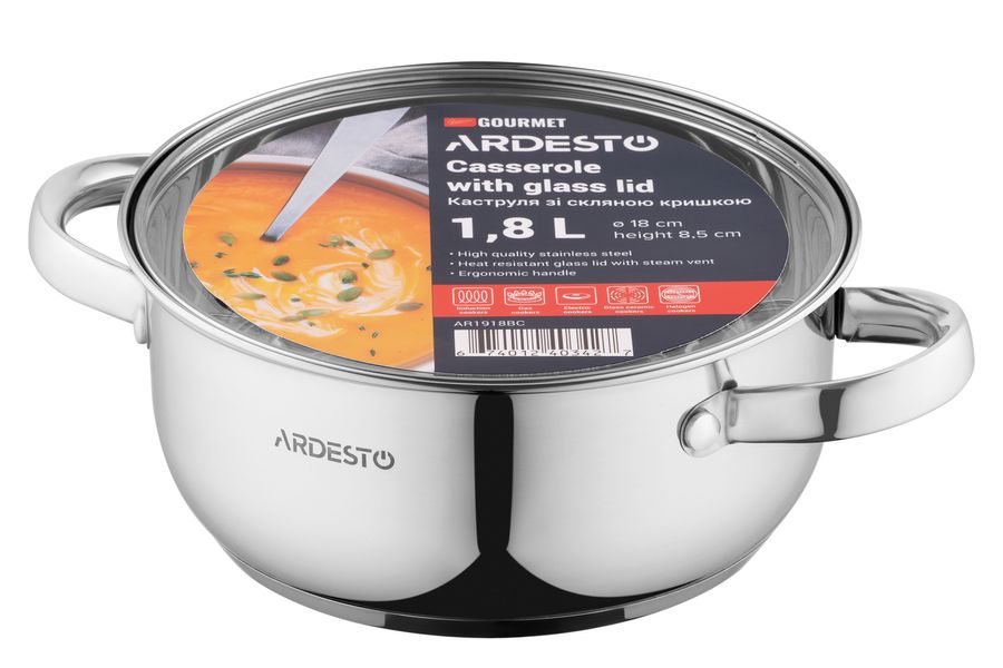 Кастрюля Ardesto Gemini Gourmet Aosta, стеклянная крышка, 1.8 л, нержавеющая сталь (AR1918BC) AR1918BC фото