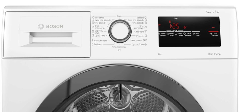 Сушильна машина Bosch тепловий насос, 8кг, A++, 60см, дисплей, білий WTH85205UA WTH85205UA фото