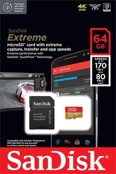 Карта памяти SanDisk microSD 64GB C10 UHS-I U3 R170/W80MB/s Extreme V30+SD (SDSQXAH-064G-GN6MA) SDSQXAH-064G-GN6MA фото