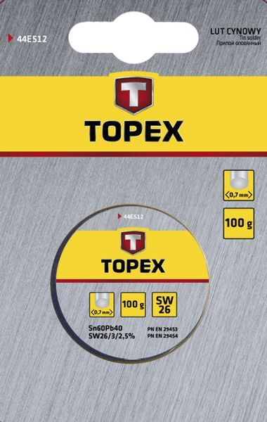 Припій олов'яний TOPEX, Sn60Pb40, флюс SW26, дріт 0.7 мм, 100 г (44E512) 44E512 фото