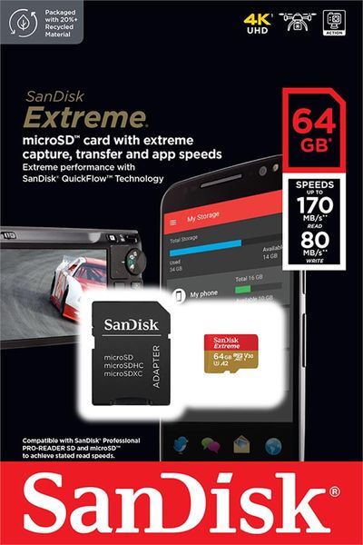 Карта пам'яті SanDisk microSD 64GB C10 UHS-I U3 R170/W80MB/s Extreme V30 + SD (SDSQXAH-064G-GN6MA) SDSQXAH-064G-GN6MA фото