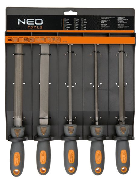 Напильник по металлу Neo Tools, набор 5шт, рукоятка двухкомпонентная, 200мм 37-610 фото