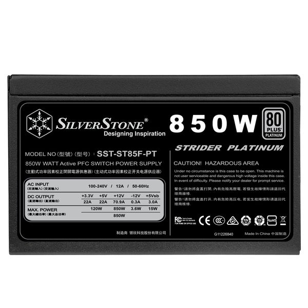 Блок живлення SilverStone Strider Platinum (850W), >92%, 80+ Platinim, 135mm, 1xMB 24pin(20+4), 2xCPU 8pin(4+4), 3xMolex, 12xSATA, 4xPCIe 8pin(6+2), Fully Modu (SST-ST85F-PT) SST-ST85F-PT фото