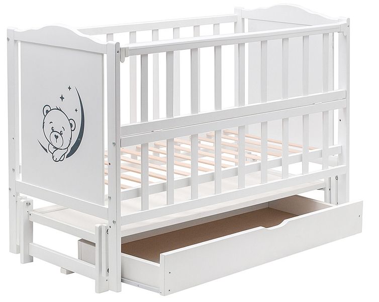 Кровать Babyroom Тедди Т-03 фигурное быльце, маятник продольного качания, ящик, откидной бок белый (626121) 626121 фото