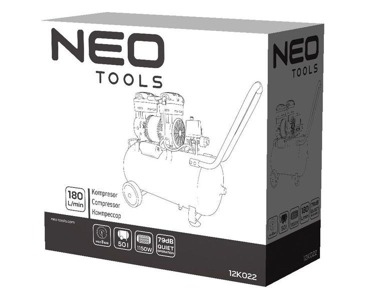 Компресор повітряний Neo Tools, безолійний, 1150Вт, 50л, 180л/хв, 8бар, 2-х поршневий, IP20 12K022 фото