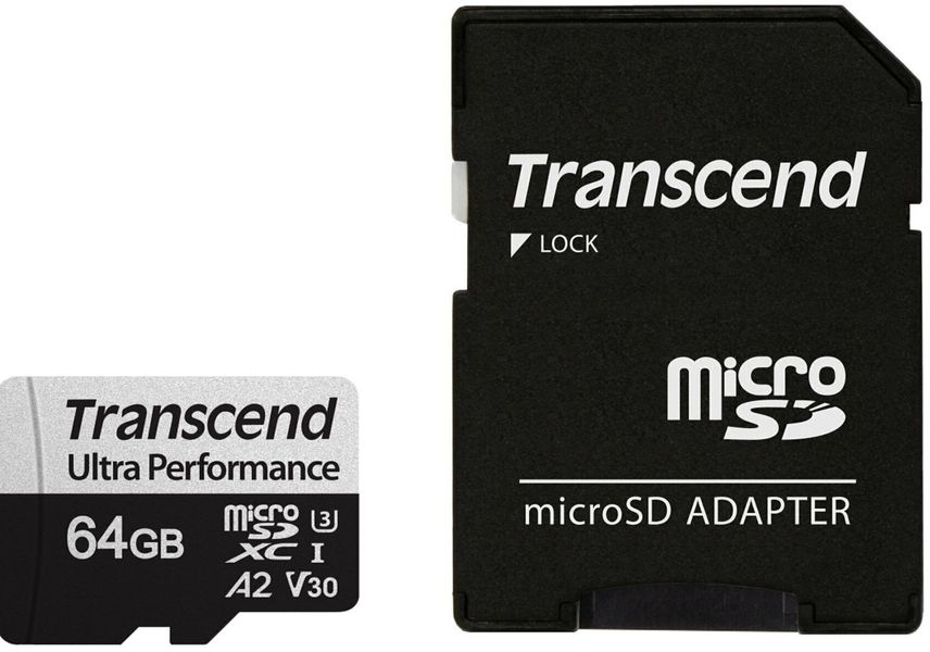 Карта пам'яті Transcend microSD 64GB C10 UHS-I U3 A2 R160/W80MB/s + SD (TS64GUSD340S) TS64GUSD340S фото