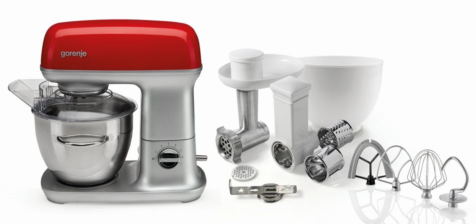 Кухонная машина Gorenje, 1000Вт, чаша-металл, корпус-металл, насадок-7, серебристо-красный MMC1000RLR фото