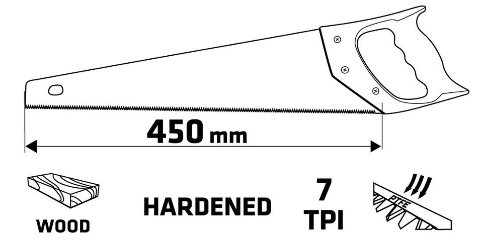 Ножівка по дереву Verto, загартовані зубці з тригранним заточенням, 7TPI, 450мм, чохол (15G102) 15G102 фото