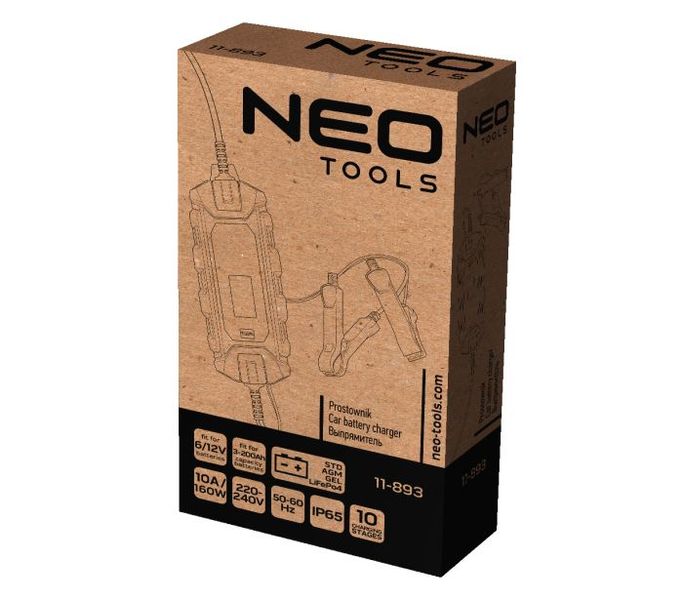 Зарядний пристрій Neo Tools, 10А/160Вт, 3-200Аг, для STD/AGM/GEL/LiFePO4 акумуляторів (11-893) 11-893 фото