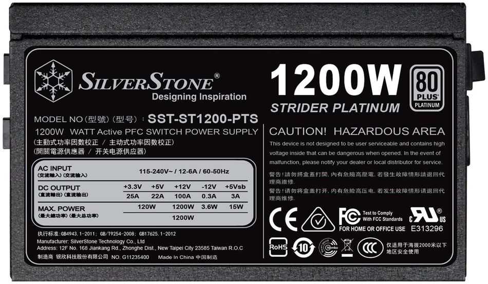 Блок питания SilverStone Strider Platinum (1200W), >92%, 80+ Platinim, 120mm, 1xMB 24pin(20+4), 2xCPU 8pin(4+4), 6xMolex, 8xSATA, 8xPCIe 8pin(6+2) (SST-ST1200-PTS) SST-ST1200-PTS фото