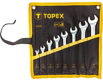 Ключи гаечные TOPEX, набор 8 ед., комбинированные, 6-19 мм, CrV, чехол-скручивание (35D759) 35D759 фото