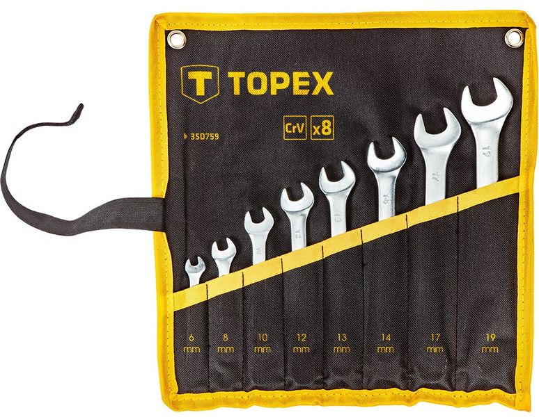 Ключі гайкові TOPEX, набір 8 од., комбіновані, 6-19 мм, CrV, чохол-скручування (35D759) 35D759 фото